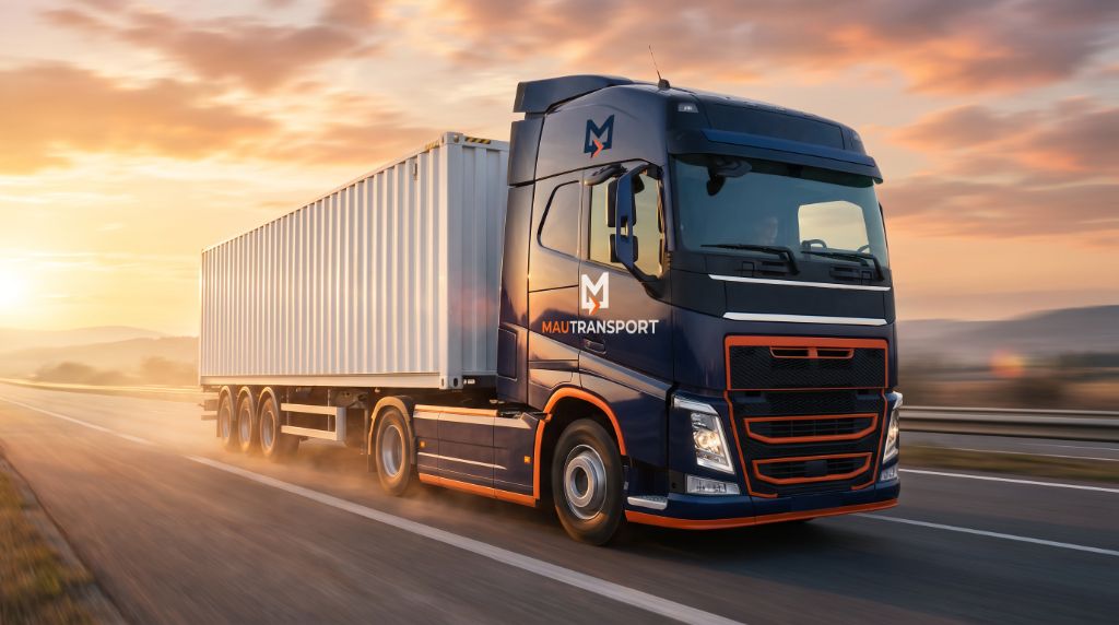 Camión MauTransport viajando al atardecer por un corredor europeo